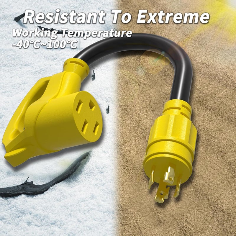PlugSaf 4 Prong 30 Amp to 50 Amp RV Generator Adapter Cord, NEMA L14-30 Twist Lock Male Plug to NEMA 14-50 Female Plug, 12 Inch(1 FT) 10 Gauge STW Power Cord, Max 30A 125V/250V, Yellow, ETL Listed - Image 5